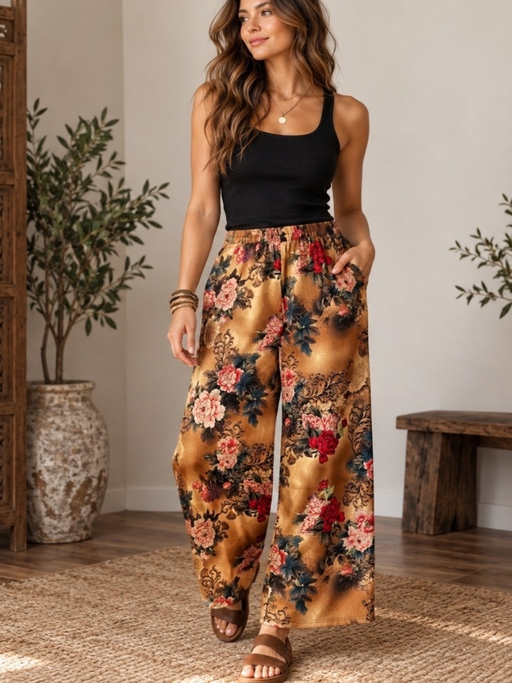Women Floral Wide Leg Pants Chinoiserie Boho Whimsigoth Artsy Elastic Waist S/M